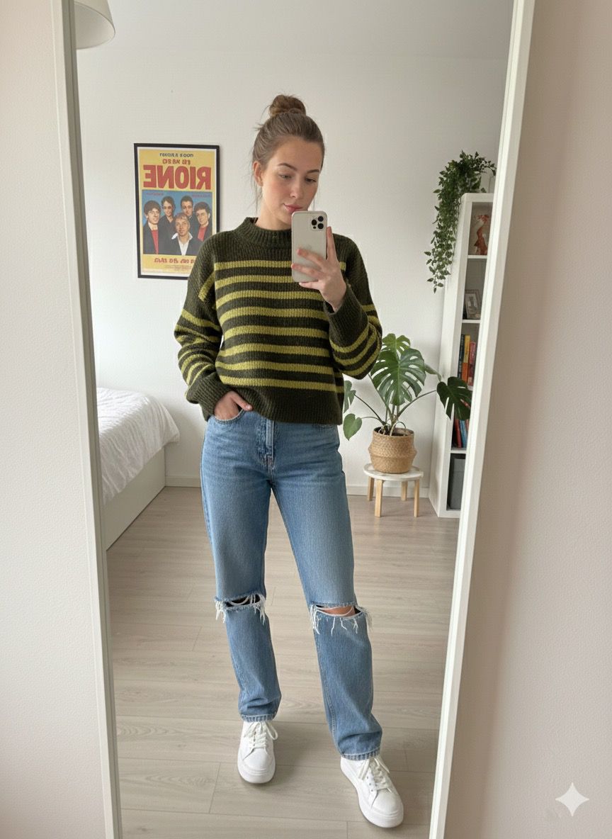 jersey verde de rayas con vaquero roto outfit mujer Cadigam moda