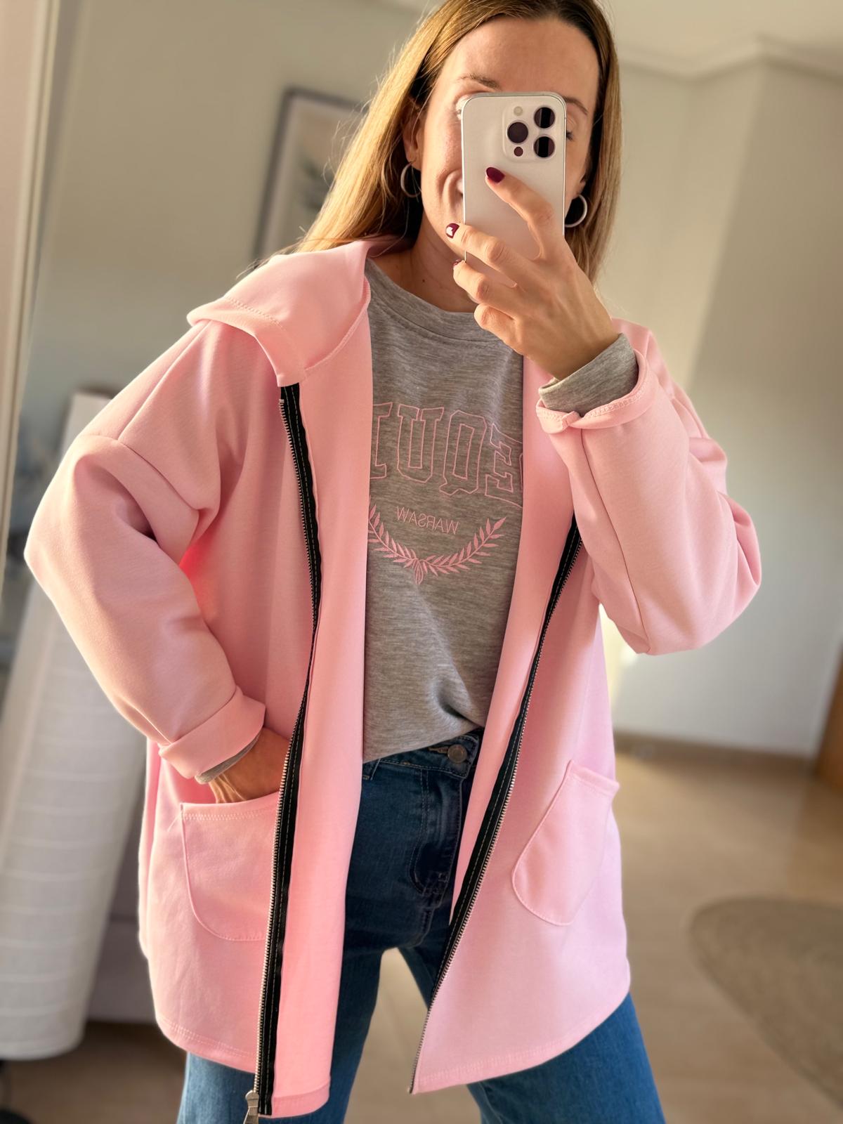 chaqueta efecto neopreno rosa con capucha estilo casual oversize chaqueta efecto neopreno rosa con capucha estilo casual oversize