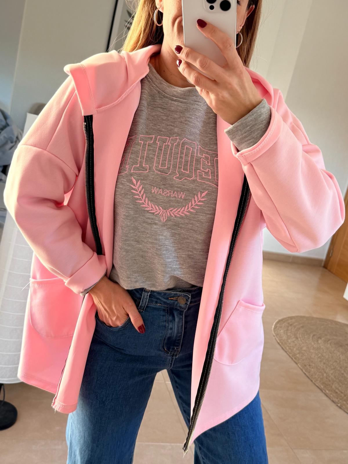 chaqueta efecto neopreno rosa con capucha estilo casual oversize chaqueta efecto neopreno rosa con capucha estilo casual oversize