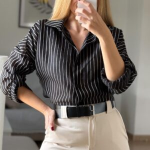 Home camisa tencel negra con estampado de rayas