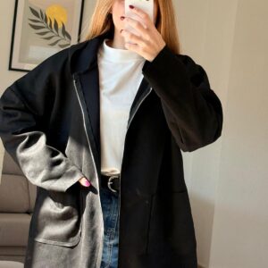 Home chaqueta de ante negro con capucha y cremallera