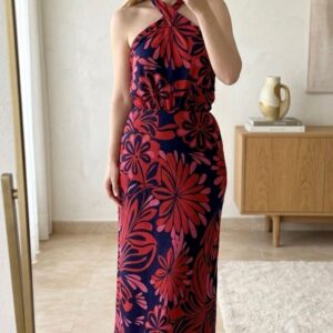 vestido largo floral con escote halter