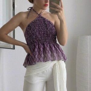 blusa halter berenjena con estampado Étnico y nido de abeja