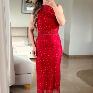 vestido midi tul topos rojo