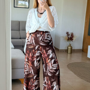 pantalón fluido estampado hojas marrón