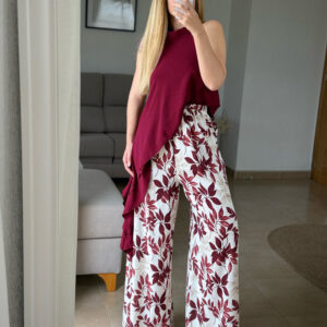 pantalón palazzo hojas burdeos – fluidez y estilo