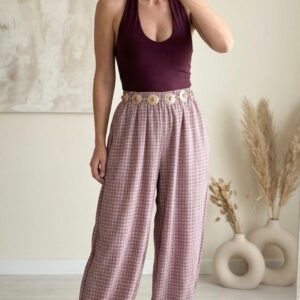 pantalón bombacho cuadros lila con lazos