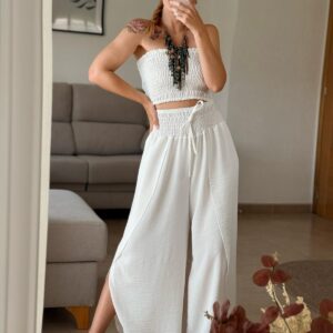 Home conjunto top bandeau y pantalón fluido blanco
