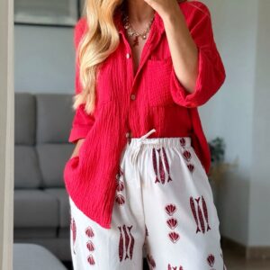 Home camisa rústica de algodón roja oversize