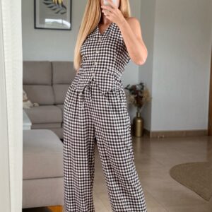 Home conjunto chaleco y pantalon vichy marron