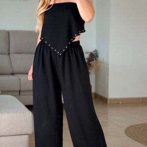 pantalón recto fluido negro con pareo de tachuelas precio wow!