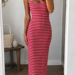 vestido midi punto texturizado rosa y rojo