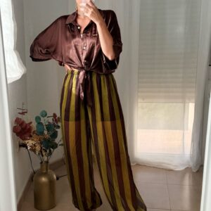 pantalón globo rayas gasa marrón y verde