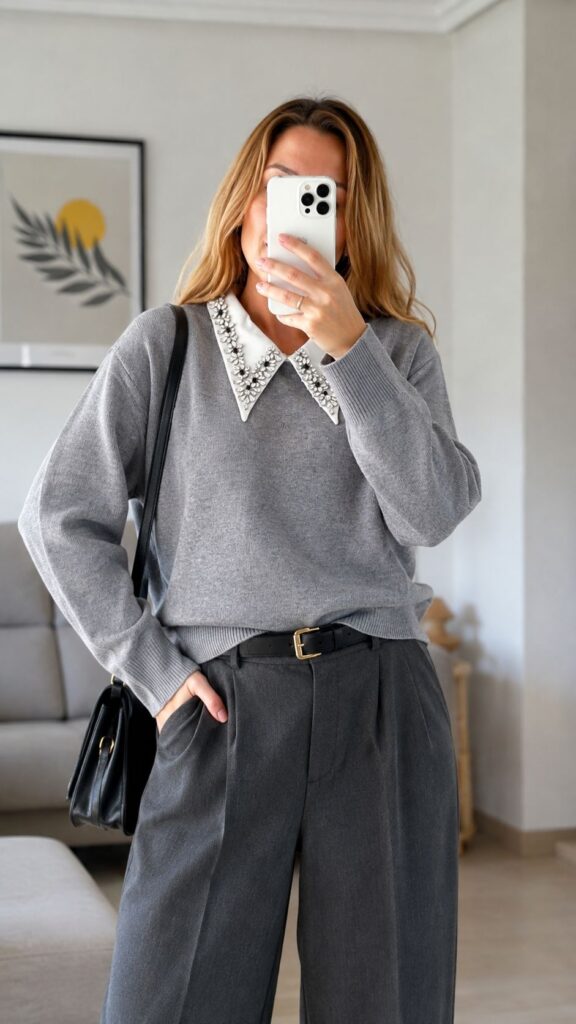 jersey gris cuello camisero con pedrería