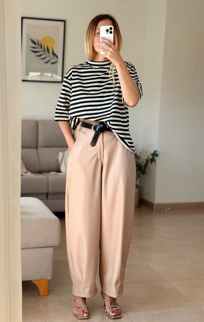 pantalon barrel polipiel crema