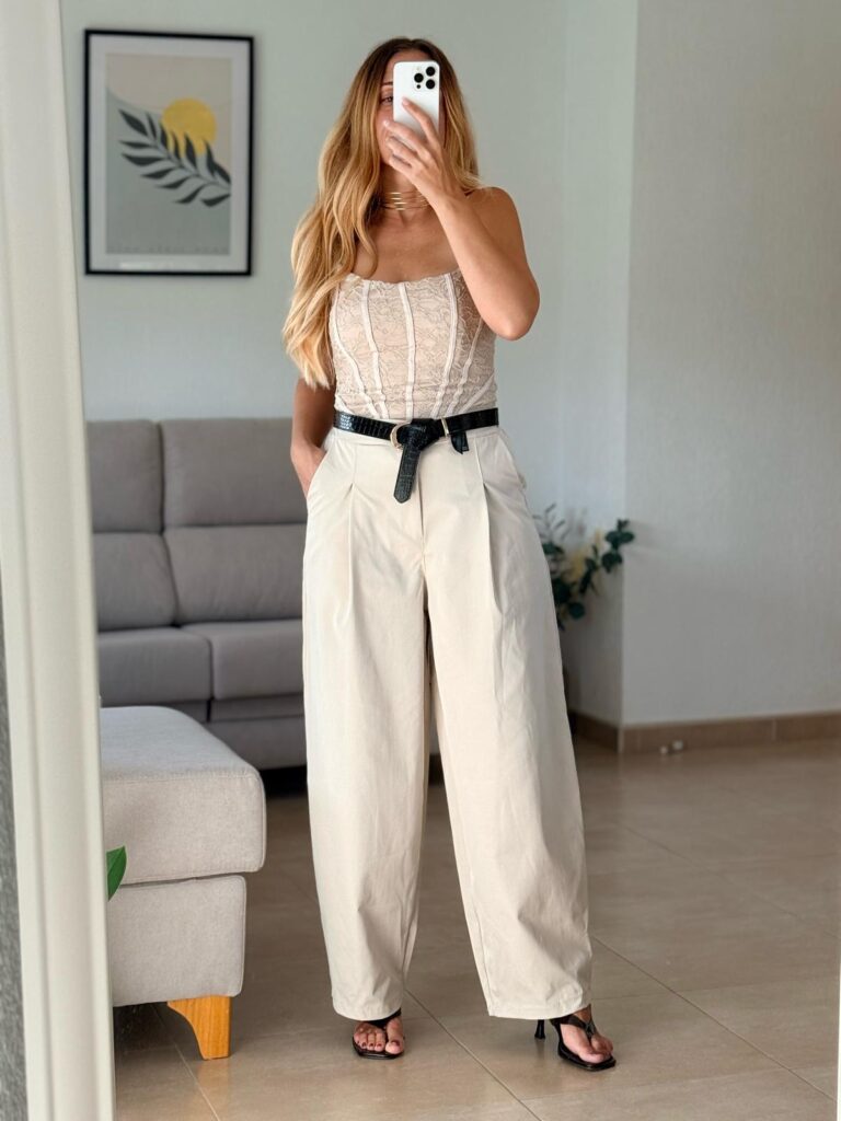 pantalón barrel crema efecto nailon