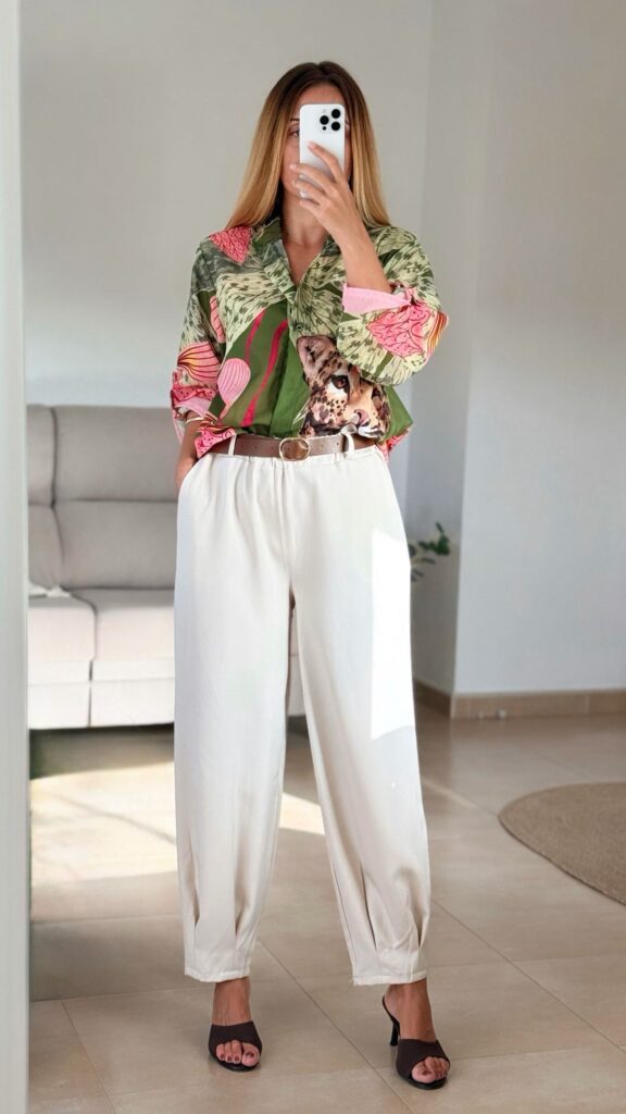 pantalón de vestir con tablas y cinturón camel